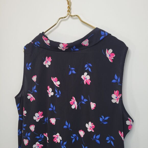 CALVIN KLEIN Black Floral Top Sz 1X Sleeveless Button Up Collar Tank Longline - Picture 7 of 10